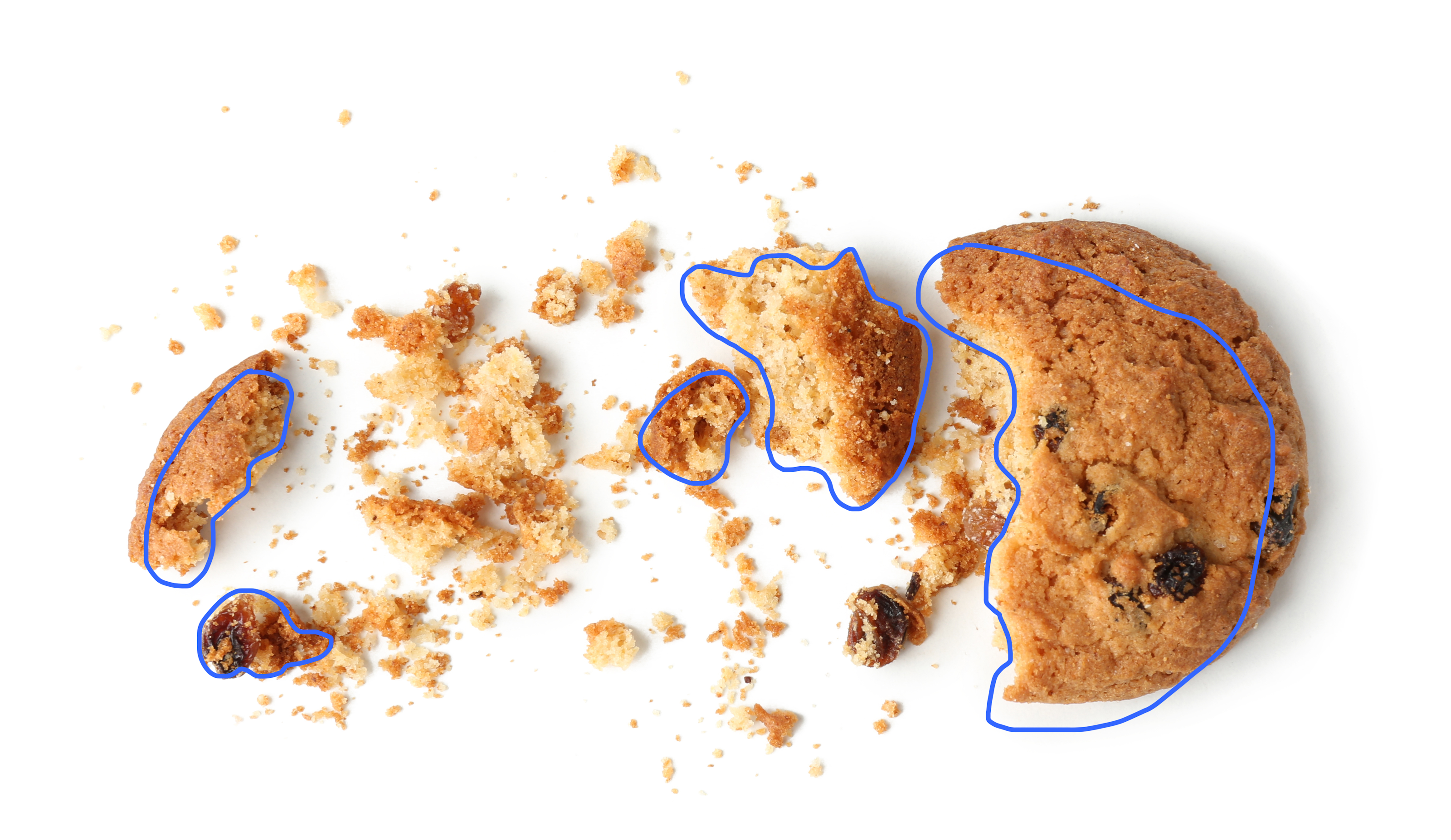 a picture of a cookie broken surrounded by crumbs