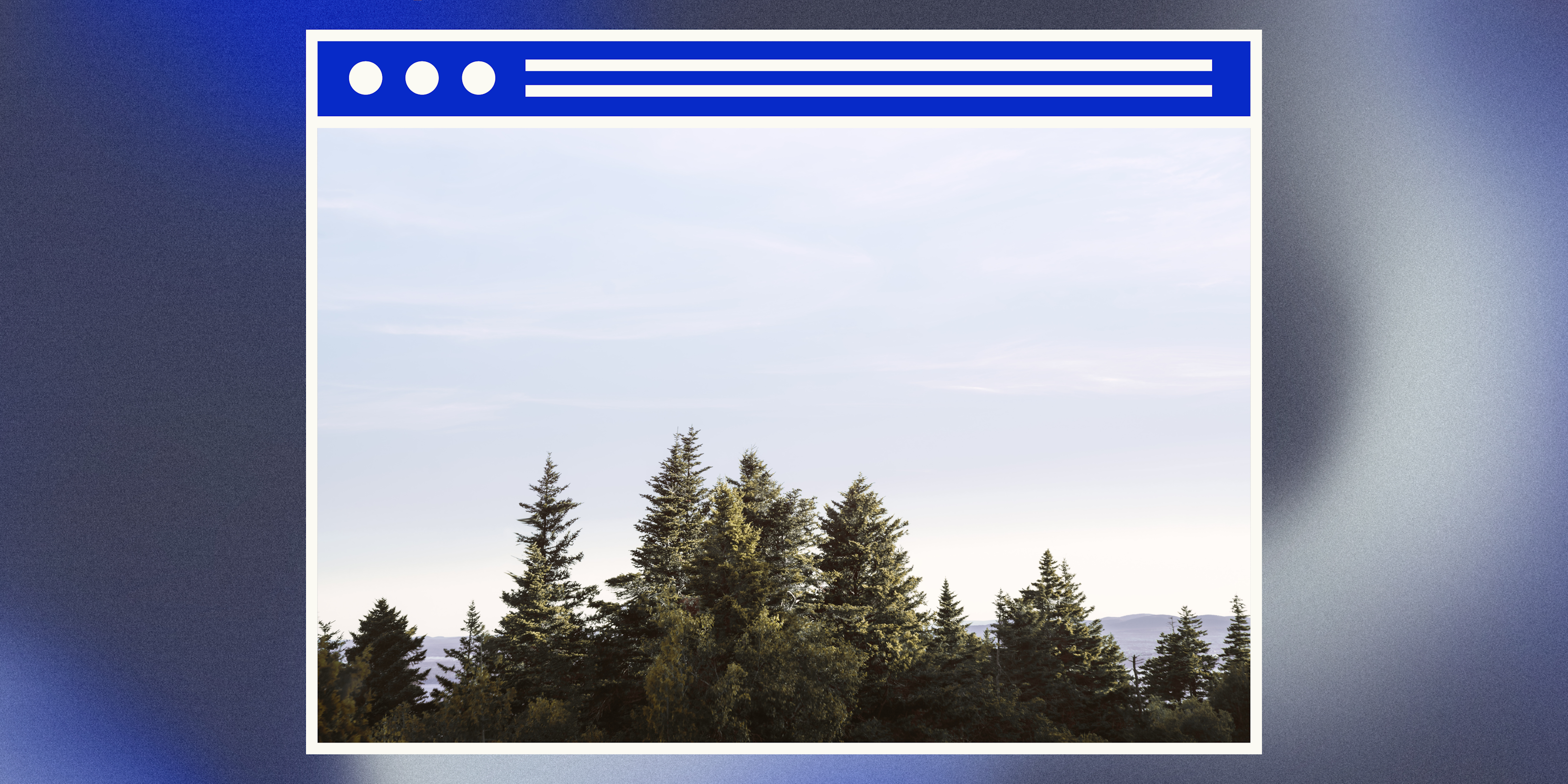 an image of a browser window looking at a tree line in Acadia National Park, the background of the entire banner is a blue, white and gray, gradient swirl